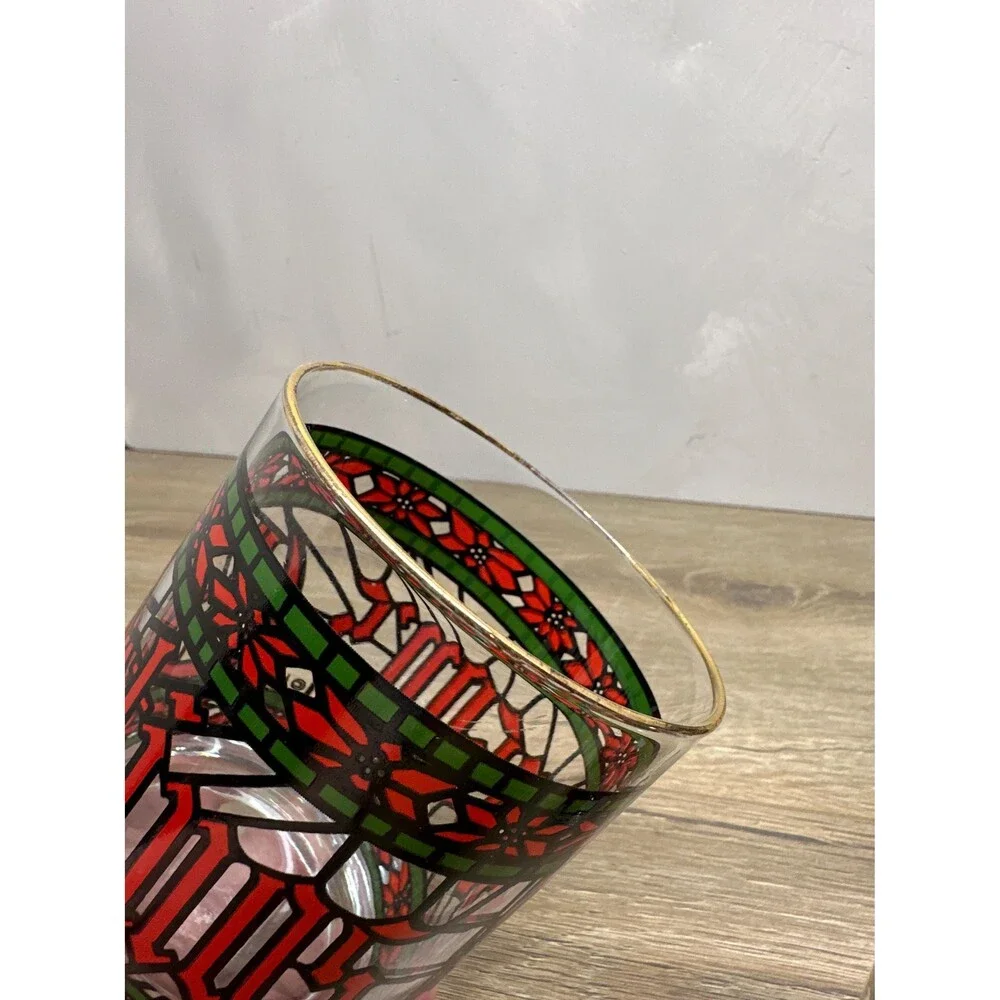 VTG 1970s Houze Seasons Greetings Lowball Glass Stained Glass Pattern Set of 4